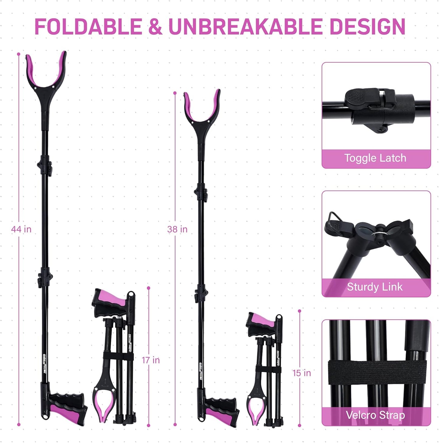 38" & 44" Extra Long Grabber Reacher Tool – 2 Pack Foldable Reacher Grabber Pickup Tools with 360° Rotating Jaw for Seniors, Hard-to-Reach Areas, Ergonomic Grip & Lightweight Design（Pink）