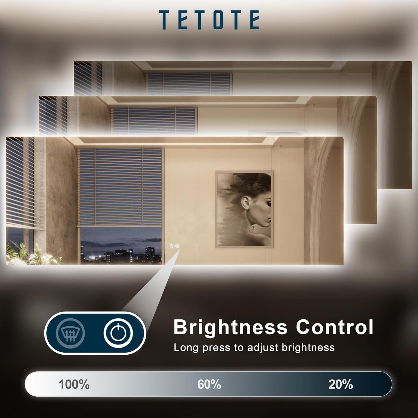 TETOTE 48 x 36 Inch LED Backlit Bathroom Mirror with Lights, 3Color White/Warm/Natural, Anti-Fog Lighted Mirror,Dimmable,Vanity Mirror,Wall Mounted