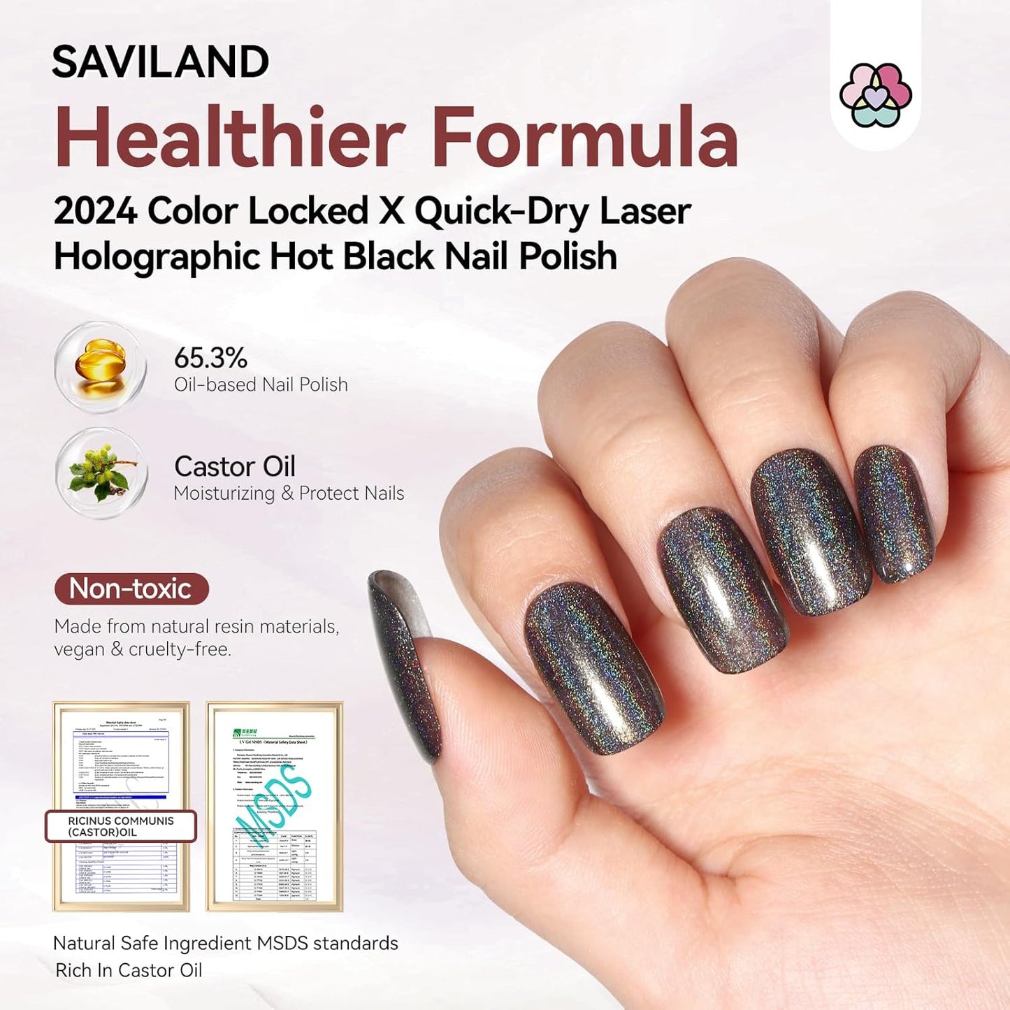 SAVILAND Holographic Black Nail Polish: Metallic Glitter Fingernail Polish Holographic Laser Plant-base Castor Oil Quick Dry Nail Polish Easy Use Remove Chrome Halo Nail Polish Beginner DIY Nail Tech