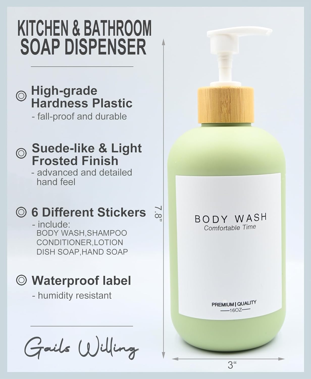 Shampoo and Conditioner Bottles, Refillable Shampoo Bottles with 6 Waterproof Labels, Apothecary Dispenser for Shampoo Lotion Oil Shower Soap Hand Soap and Dish Soap (Matcha Green)