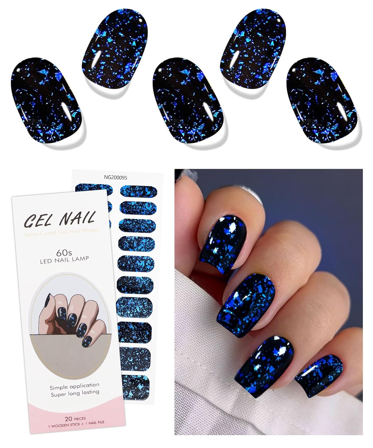 JMEOWIO Gel Nail Stickers Dark Blue Green Semi Cured Gel Nail Strips Wraps UV/LED Nails Art Design Decoration Accessories