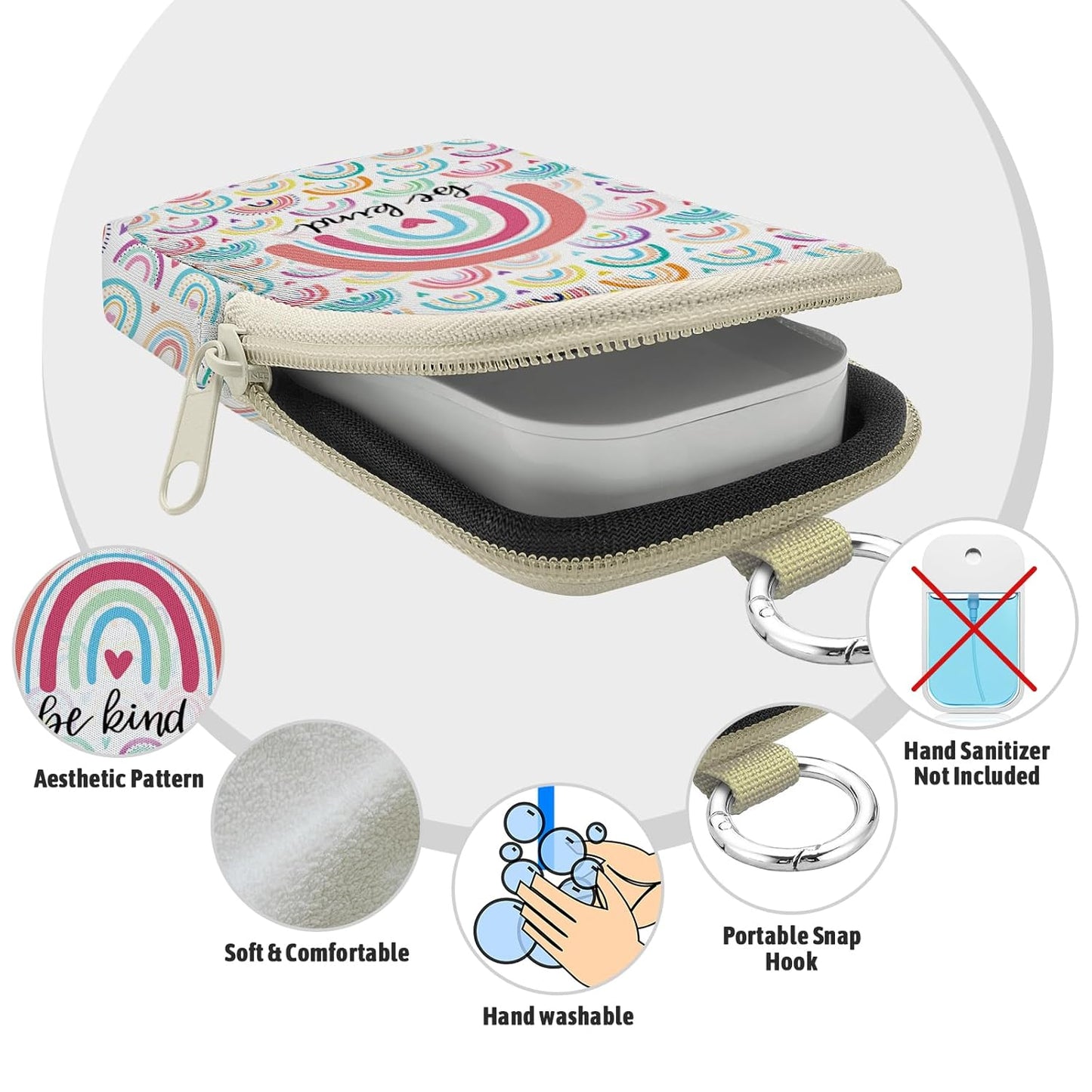 Be Kind Rainbow Hand Sanitizer Spray Case, Hand Sanitizer Holder Zippered Pouch, Cute Fashion Accessory with Snap Hook for Glow Mist and Power Mist 1FL OZ