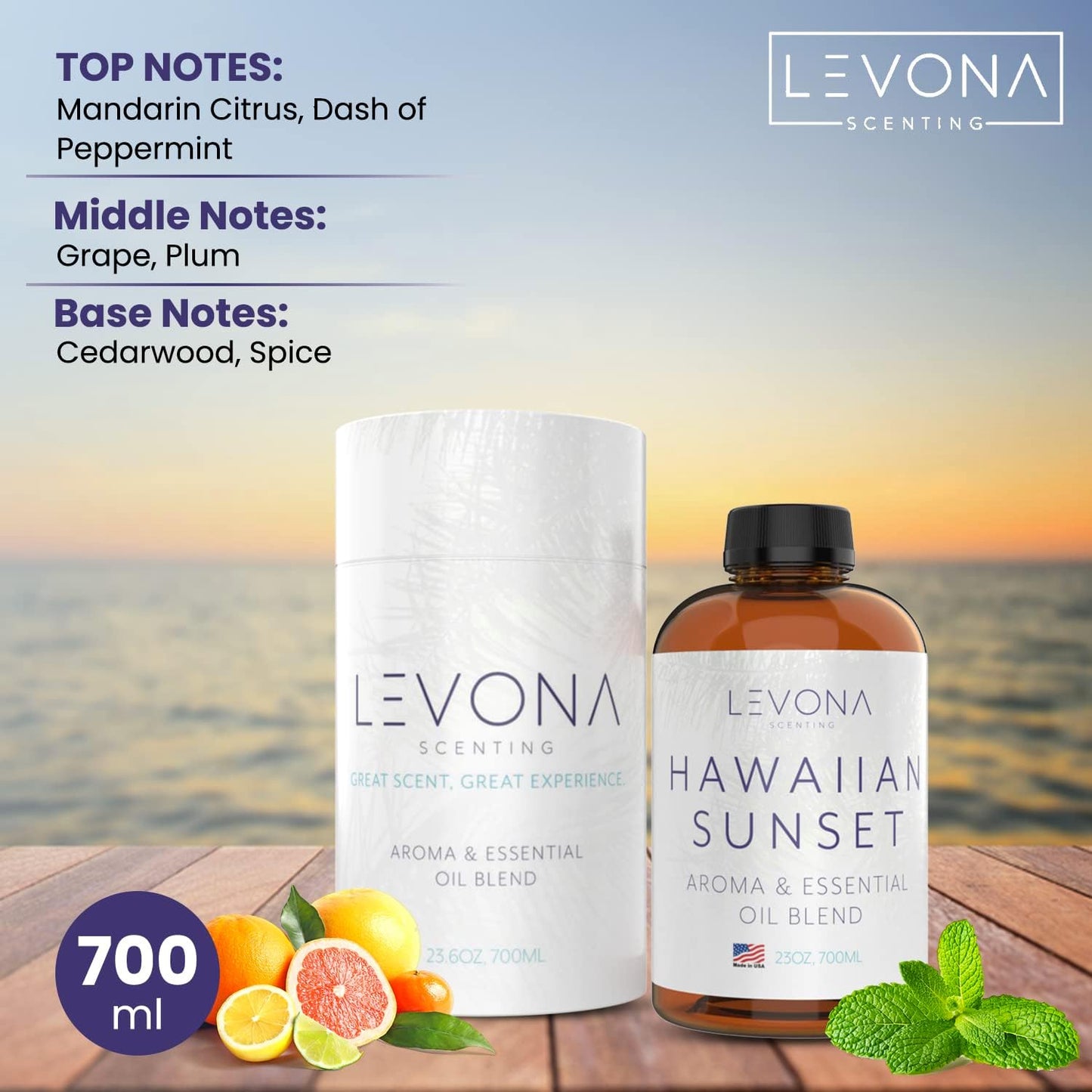 Levona Scent Essential Oils For Diffusers For Home Luxury Scents - Hawaiian Sunset Aroma Oil - Fragrance Oil With Mandarin Citrus + Dash Of Peppermint Essential Oil - 700Ml Oil Diffuser Essential Oils