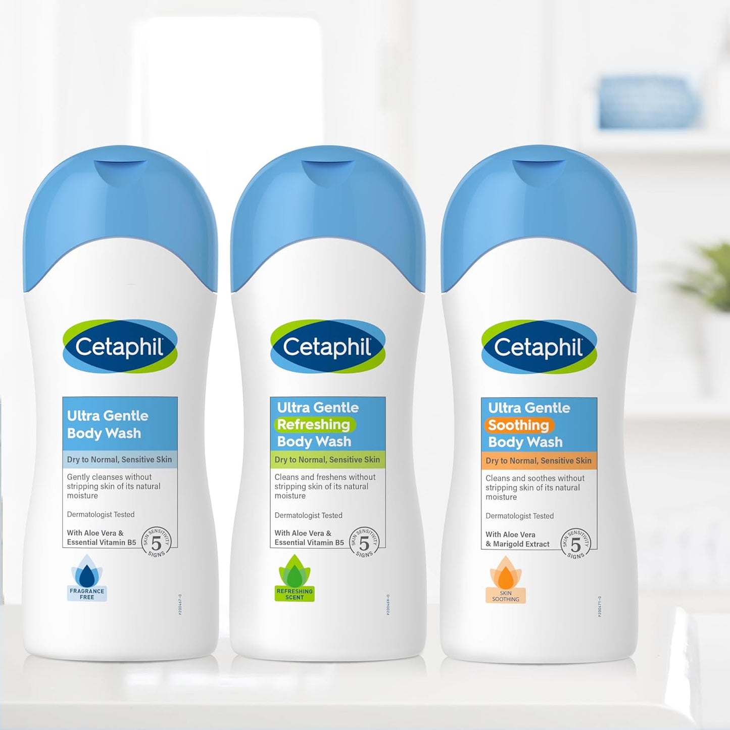 Cetaphil Ultra Gentle Refreshing Body Wash, For Dry To Normal, Sensitive Skin, Aloe Vera, Vitamin B5, Hypoallergenic, Dermatologist Tested, Fragrance Free, 16.9oz Pack of 3