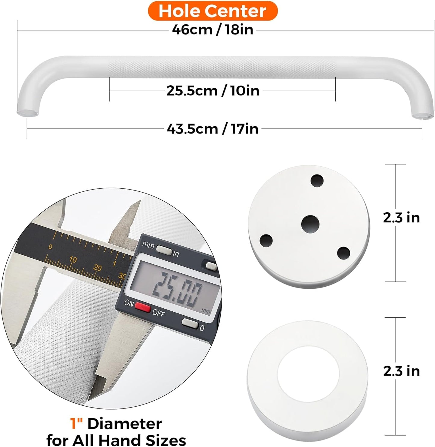 Grab Bars for Shower, 2 Pack 18-Inch Anti Slip Shower Handles for Elderly, Safety Shower Grab Bar, Stainless Steel Handicap Grab Bars for Bathroom (White 1" Diameter)