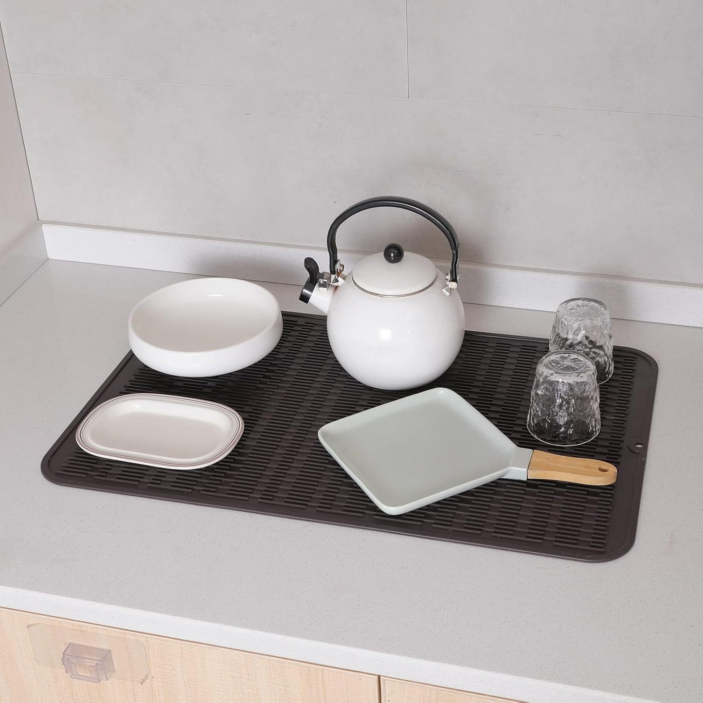 Silicone Dish Drying Mat for Multiple Usage,Easy clean,Eco-friendly,Heat-resistant Silicone Mat for Kitchen Counter or Sink,Refrigerator or Drawer Liner Coffee 3XL 28 inches x 18 inches