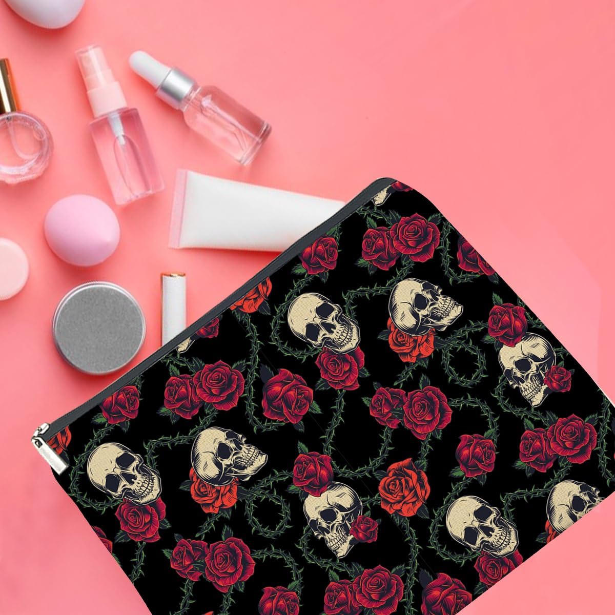 Gothic Rose and Skull Pattern Makeup Bag Gifts for Women Skull Floral Cosmetic Bag Zipper Pouch Travel