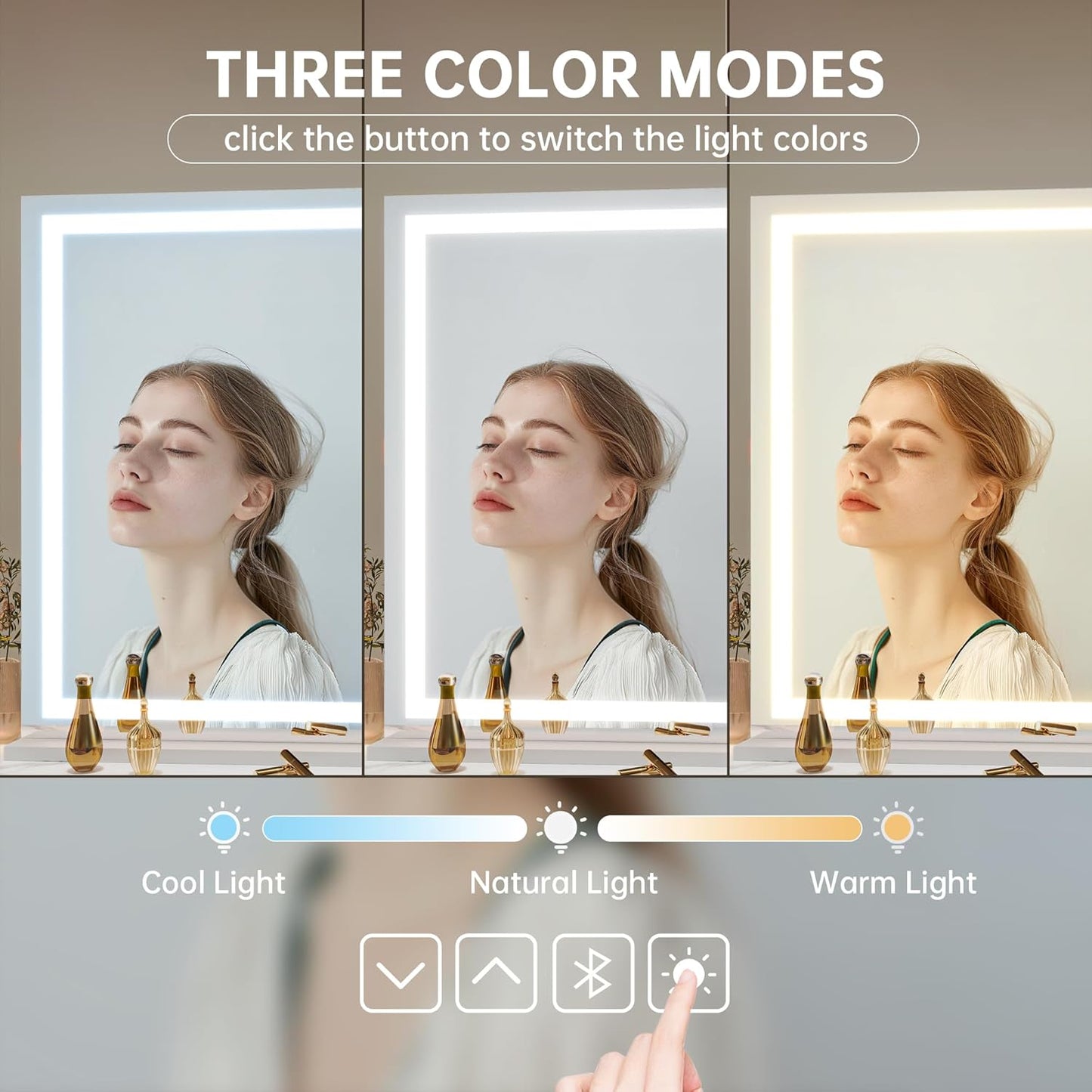 Hasipu Vanity Mirror with Lights and Bluetooth Speaker, 42" x 29.5" LED Makeup Mirror, Lighted Makeup Mirror with Dimmable 3 Modes, Touch Screen Control Vanity Mirror Square White