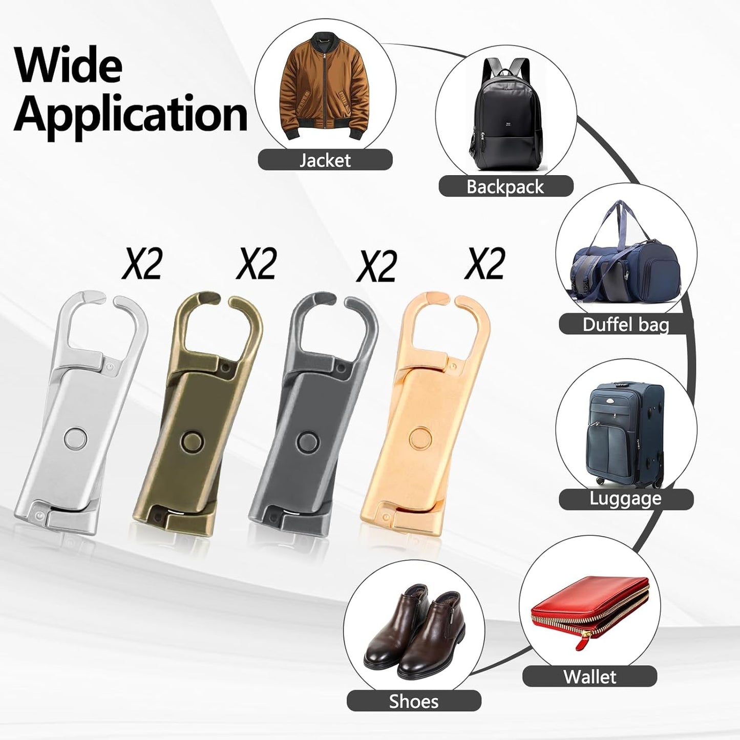 Zipper Pull Replacement (Upgraded)，8 Pcs Detachable Replacement Zipper Pull Tabs for Luggage Clothing Jackets Backpacks Boots Purse Coat(Silver, Bronze, Gold, Gun Black)