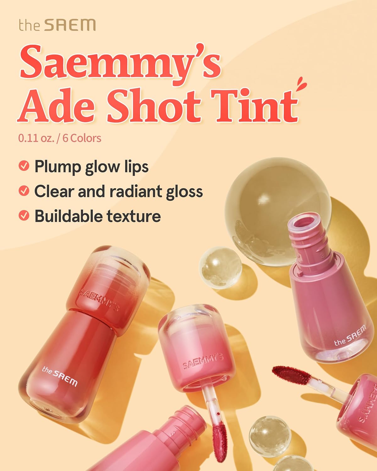 THESAEM Saemmy's Ade Shot Tint (03, 04) - Korean Lip Titnt, Water Gel Lip Stain with Plump Glowy Moisturizing Finish, Buildable Radiant Gloss, Long-Lasting Comfort, 0.1 fl.oz.