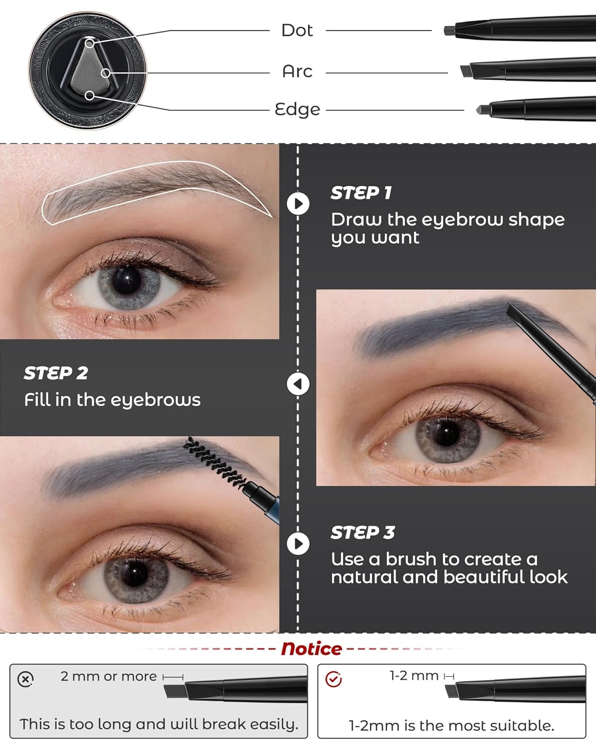 12Pcs Microblading Eyebrow Pencils Grey Waterproof Eye Brow Pencil w/Eye Brow Razor & Scissors Kit 0.5mm Ultra-Fine Tip Creates Hair-Like Strokes for Women Effortless Natural Brows