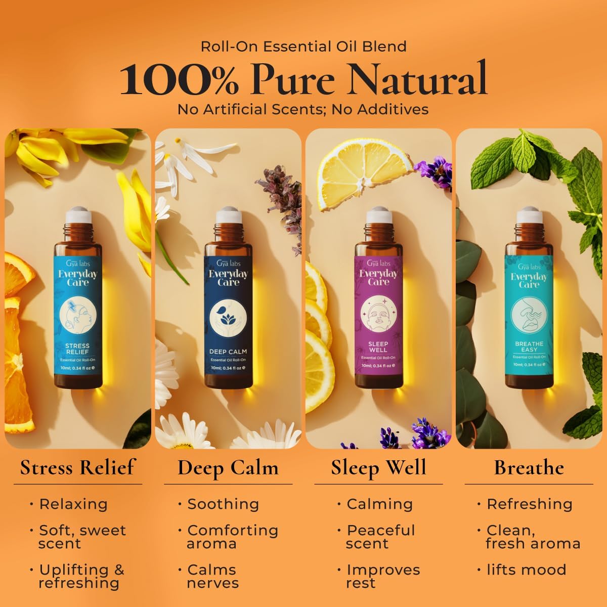 Gya Labs Peaceful Roll on Essential Oils Set - 100% Pure Natural Relaxing Gift for Women & Men - Blend for Calming, Refreshing, Stress Comfort, Aromatherapy Essential Oil Gift Set (0.34 Fl Oz Each)