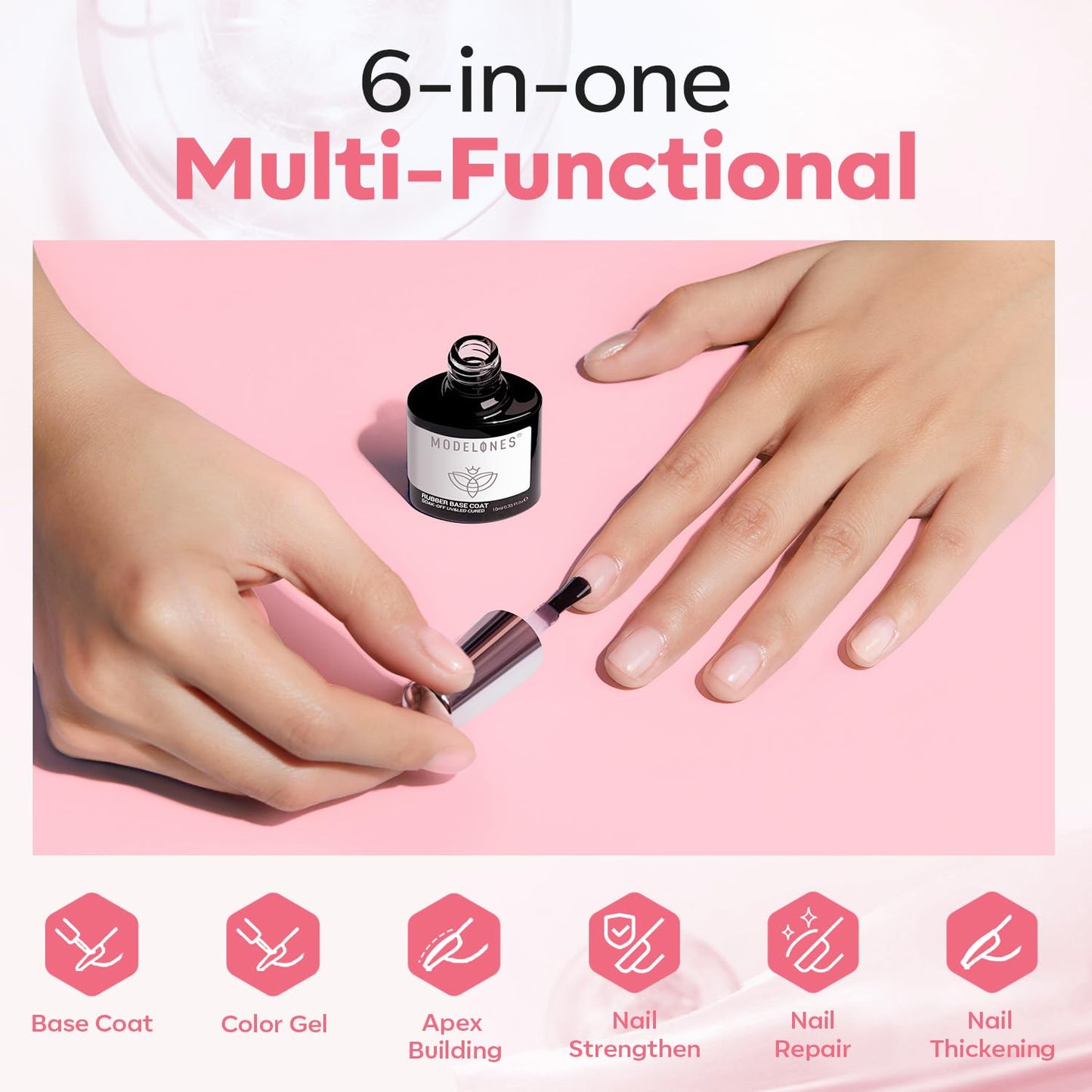modelones Builder Gel for Nails, Jelly Pink 6 in One Nude Rubber Base Coat Strengthen Apex Building Extension Long Last Protect Soak Off Color Base Gel Manicure for Fragile Nails Art DIY Home Top Coat