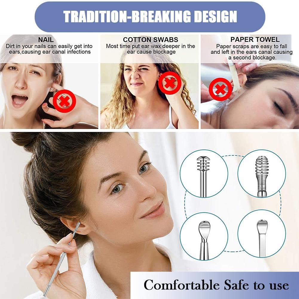 6 Pcs Ear Pick Ear Wax Removal Kit, Ear Cleansing Tool Set, Ear Curette Cleaner, 360° Spiral Design Ear Canal Cleaner Stainless Steel, with a Storage Box Portable Kit for Home and Travel(Blue)