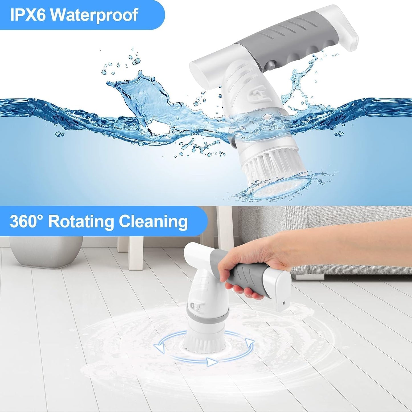 Electric Spin Scrubber, Shower Scrubber with Handle, Waterproof Portable Bathroom Cleaner Brush, Cordless Electric Cleaning Brush with 5 Replaceable Brush Heads for Floor Tile Tub Wall Window Kitchen