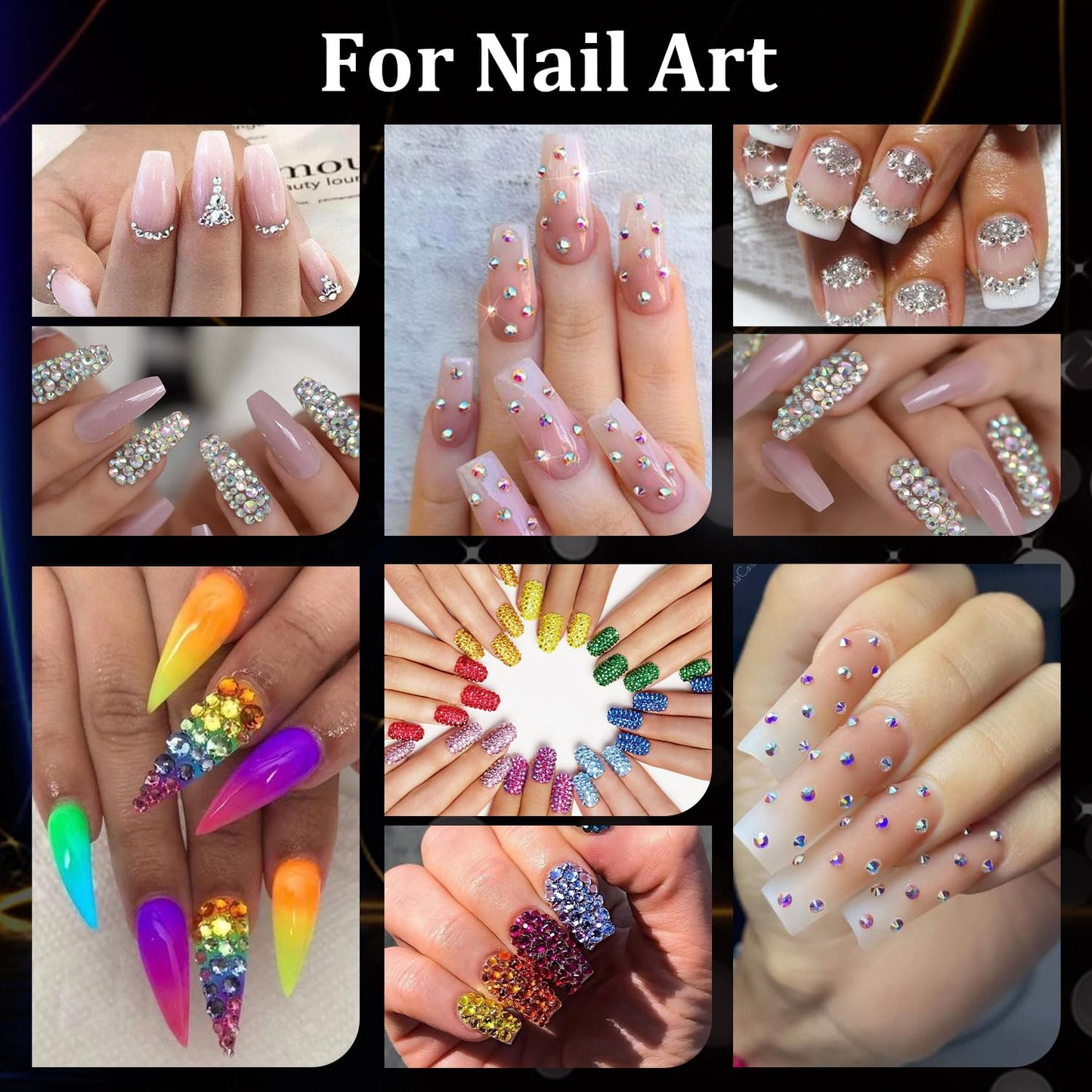 Rhinestones for Nails, Manicure Gem, Flatback Glass Crystal AB + Transparent Clear Gemstones and Colorful Resin Beads, 2-5mm Round Gems for Professional Salon DIY Nail Art with Pickup & Dotting Tools