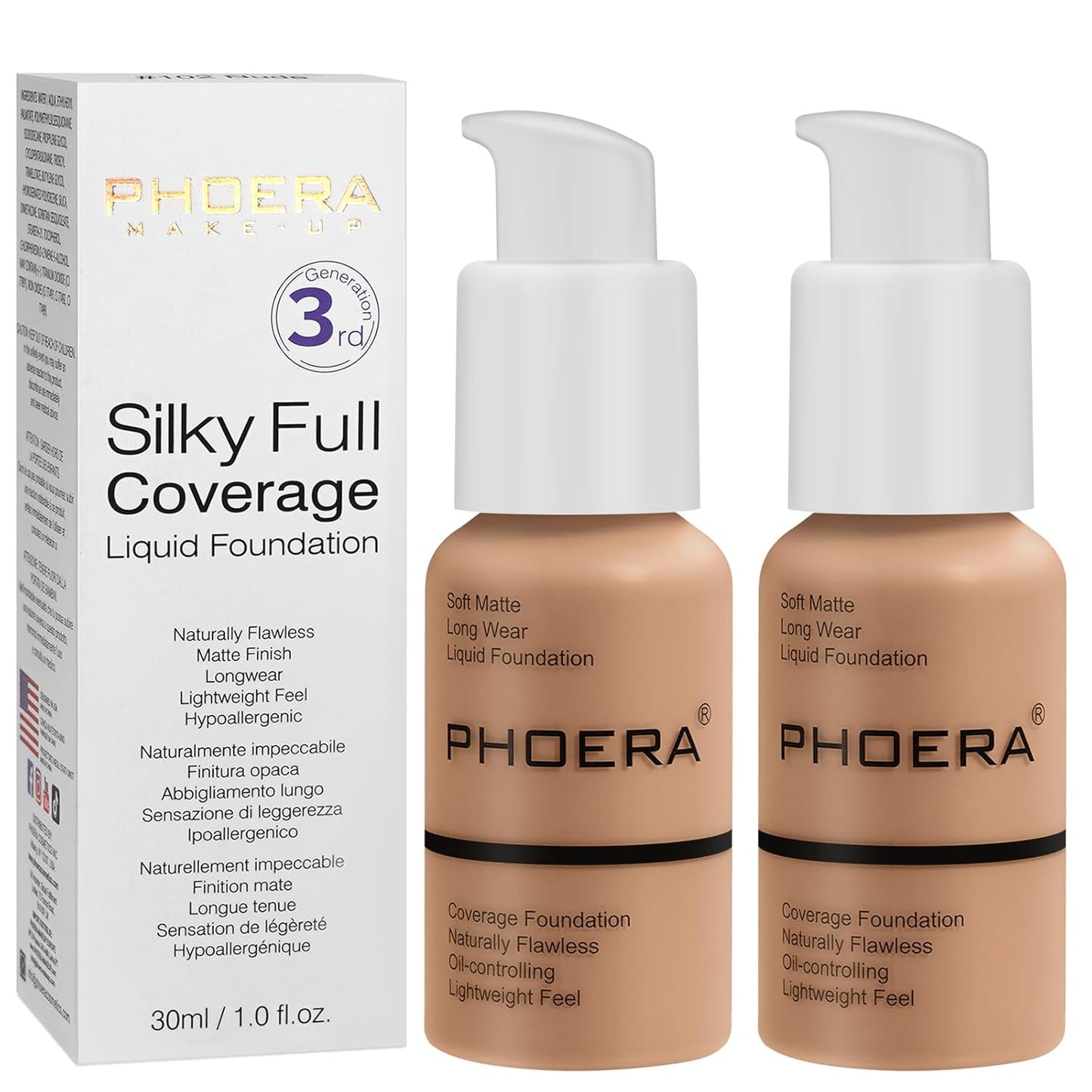 PHOERA Foundation, PHOERA Matte Liquid Foundation,PHOERA Makeup for Women, PHOERA Foundation Full Coverage Concealer, 30ml 24HR Matte Oil Control Concealer (105- Sand*2)