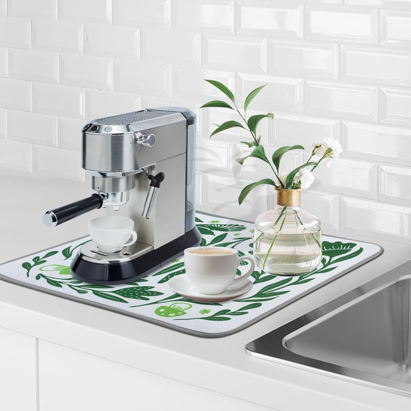 SHIYUE Dish Drying Mat for Kitchen Counter Super Absorbent Spring Kitchen Decor Microfiber Drying Matainers Rack Fast Pad Dish Drainer Mats(Green Flower Bird,16''x18'')