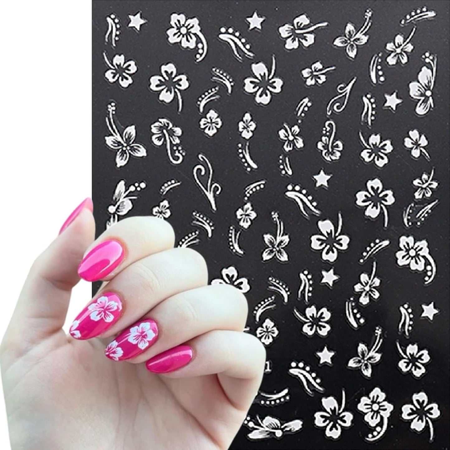 8 Sheets 3D Colored Flower Nail Stickers Summer Hibiscus Nail Decals 3D Self-Adhesive White Pink Gold Flower Pattern Women's Nail Art Supplies Decoration Accessories
