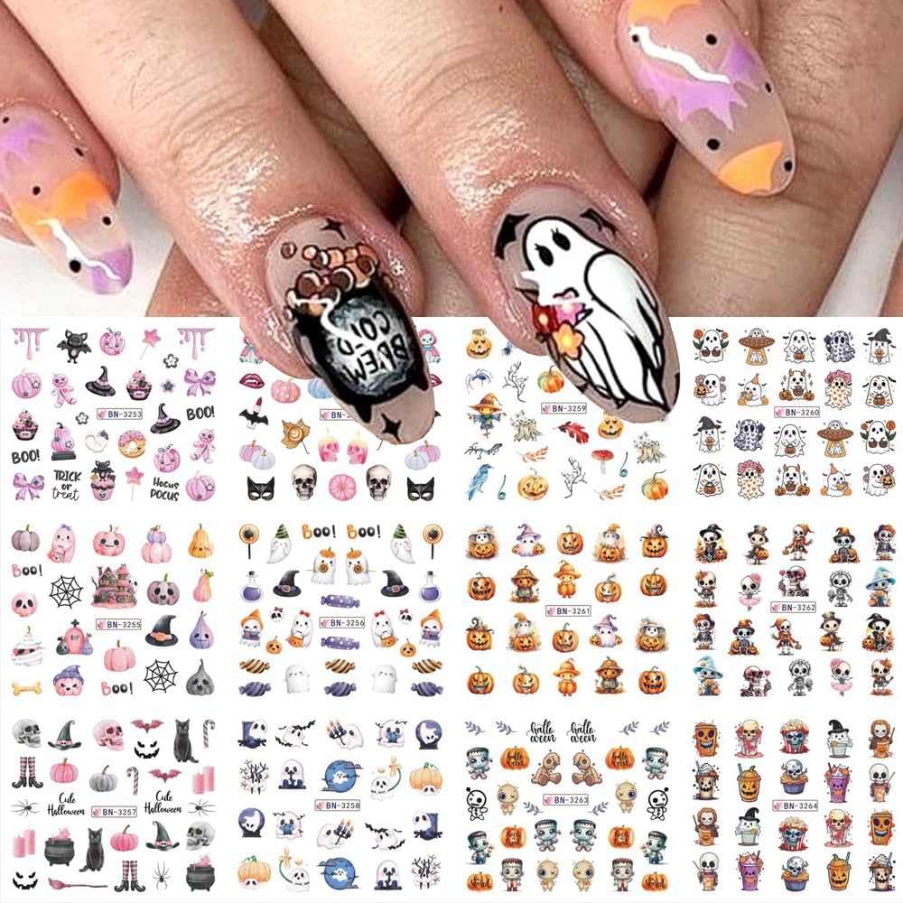 Halloween Pumpkin Nail Art Stickers Decals, 12Pcs Cute Ghost Skeleton Bat Pattern Water Transfer Nail Foils Decals for Halloween Nail Art Decoration Watermark Acrylic Stickers for Manicure DIY Supply