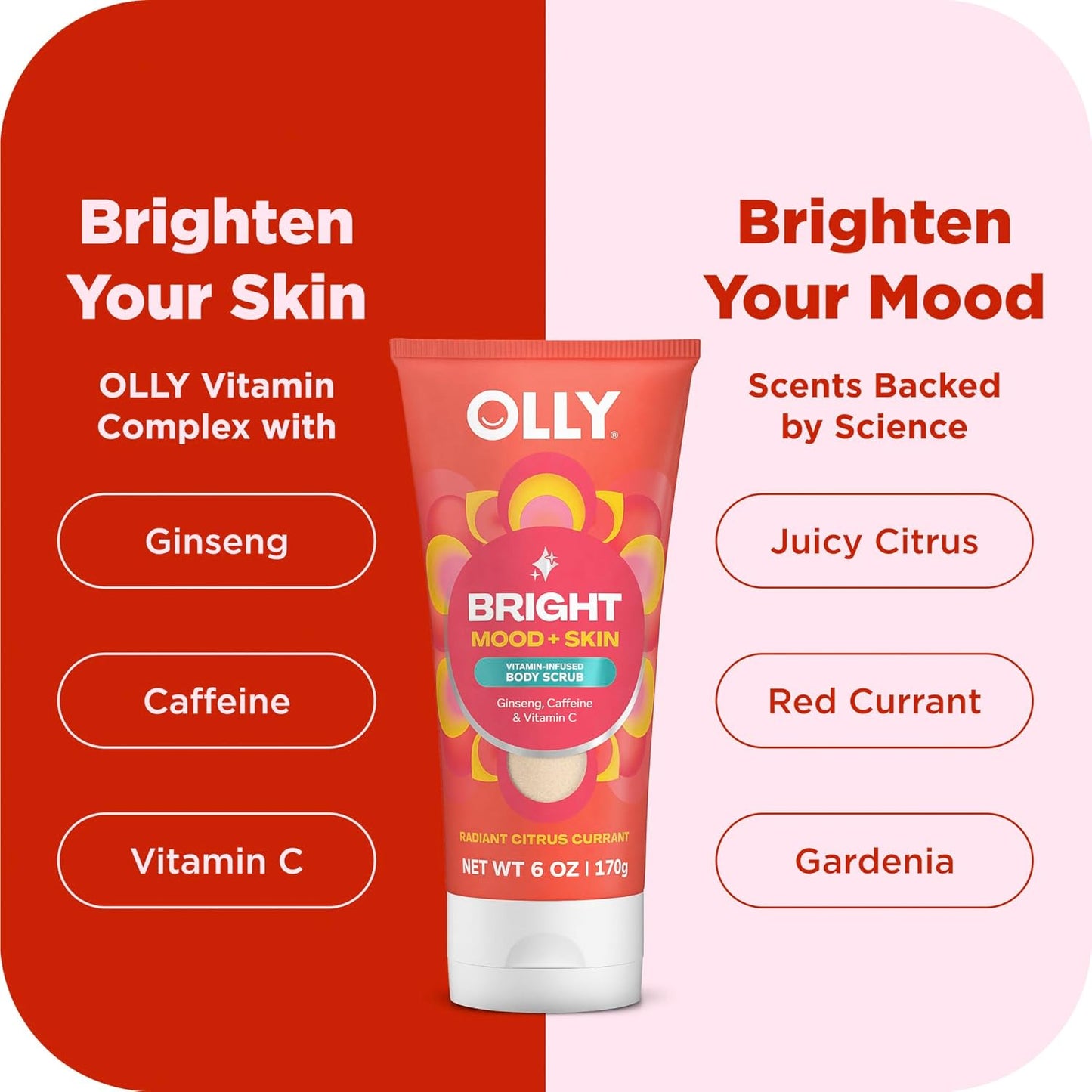 OLLY Bright Body Scrub with Ginseng, Caffeine & Vitamin C– Nourishing Cleanser for Skin Exfoliation, SkinBarrier Repair, Citrus Currant Scent, 6 oz