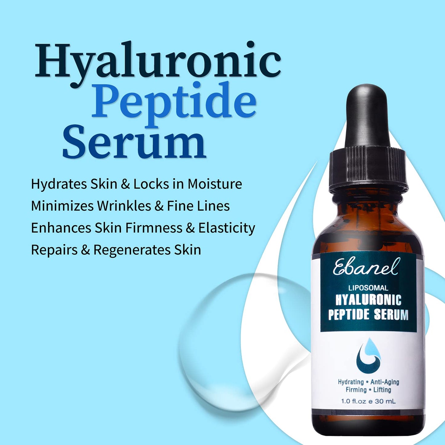 Ebanel Hyaluronic Acid Serum for Face with Peptides, Deep Hydrating Anti Aging Serum, Visibly Plump, Firm & Smooth Skin, Reduce Redness with Vitamin C, E and B5, Niacinamide, Aloe, Jojoba Oil, MSM