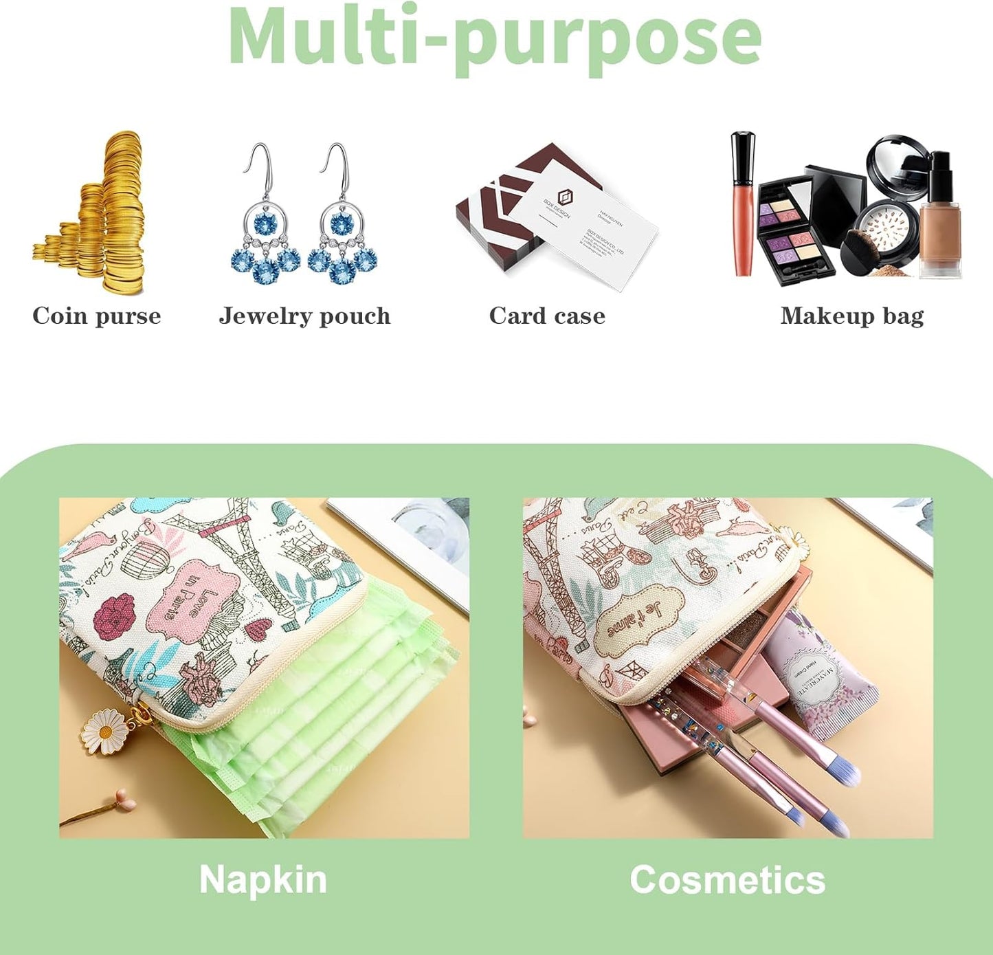 cobee 2PCS Sanitary Pad Storage Bag, Cute Sanitary Napkin Storage Purses Portable Period Bag with Daisy Zipper Panty Liner Tampon Menstrual Cup Nursing Pad Holder Pouch for Girls Women Travel(Tower)