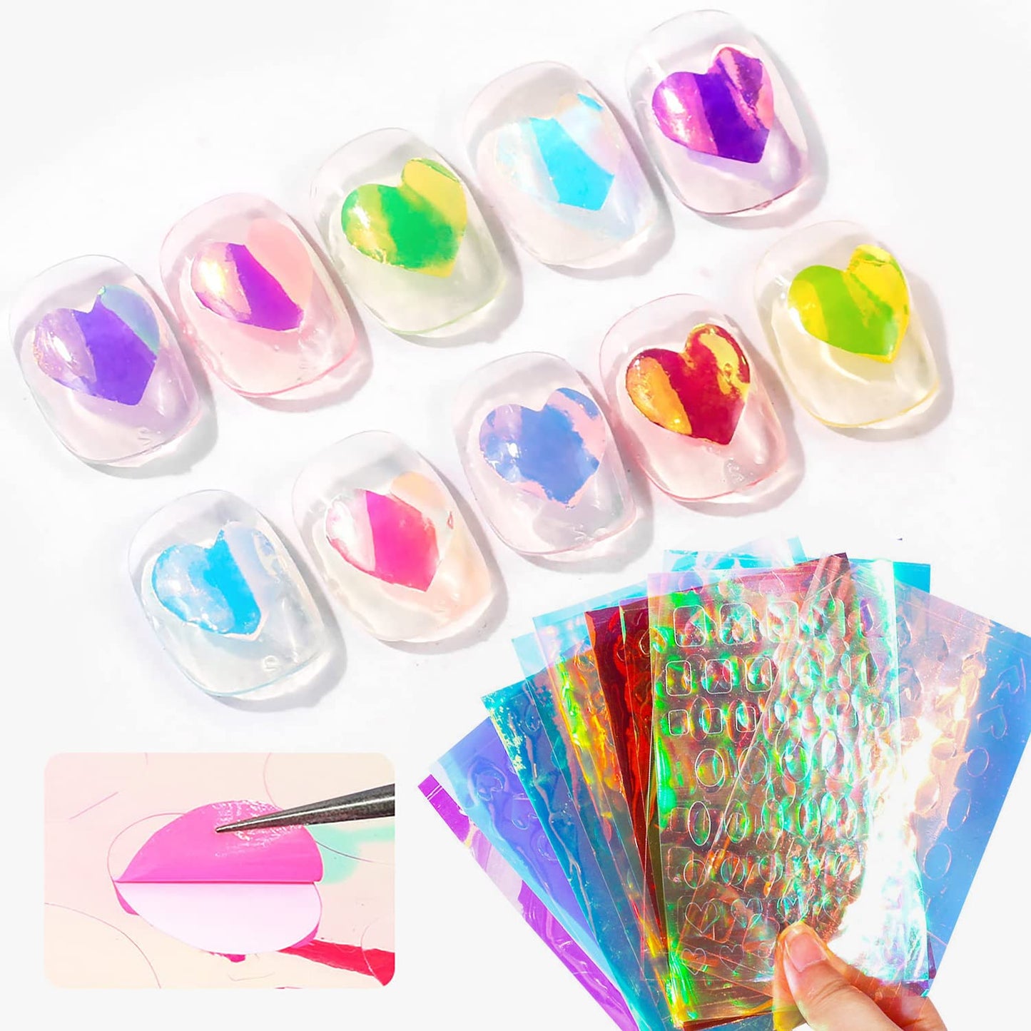 SILPECWEE 11 Sheets Aurora Nail Foil Laser Nail Stickers Glass Paper Nail Art Stickers Iridescent Cellophane Nails Designs Sticker Holographic Film 3D Nails Decoration for Women Kids