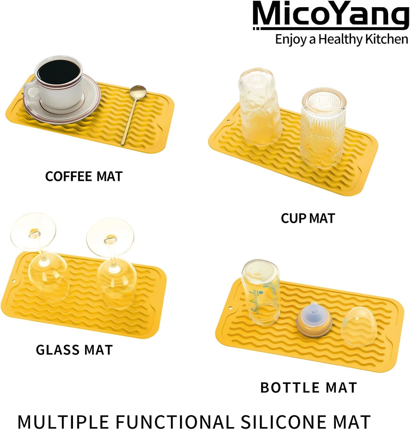 Silicone Dish Drying Mat for Multiple Usage,Easy clean,Eco-friendly,Heat-resistant Silicone Mat for Kitchen Counter or Sink,Refrigerator or Drawer Liner Yellow S 12 inches x 6 inches