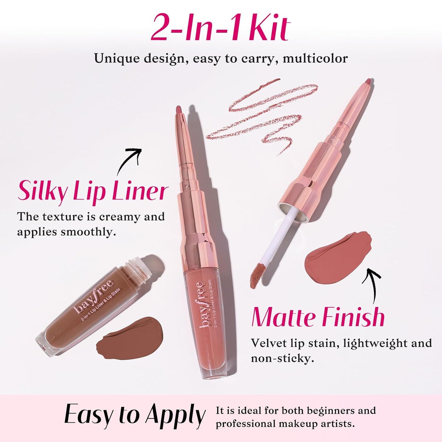 2 PCS Lip Liner and Lip Stain Combo Set, High Pigmented Long Lasting Velvet Lip Tint, Well-Defined Lipliner, Weightless Waterproof Not Animal Tested, Matte Finish Makeup
