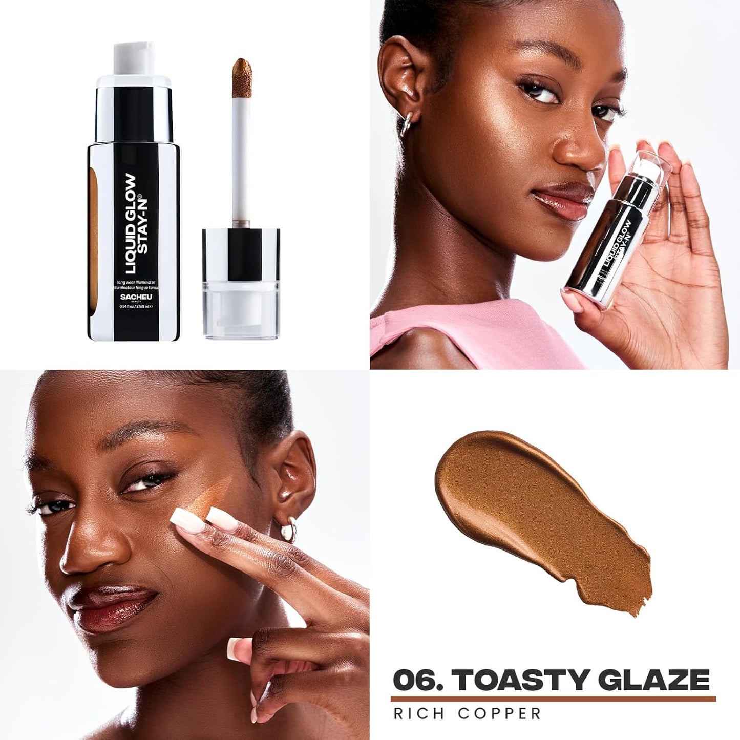 Sacheu Liquid Glow STAY-N Liquid Highlighter & Illuminator Makeup — 30ml Long Lasting Luminous Glow Lightweight Dewy Finish, Toasty Glaze