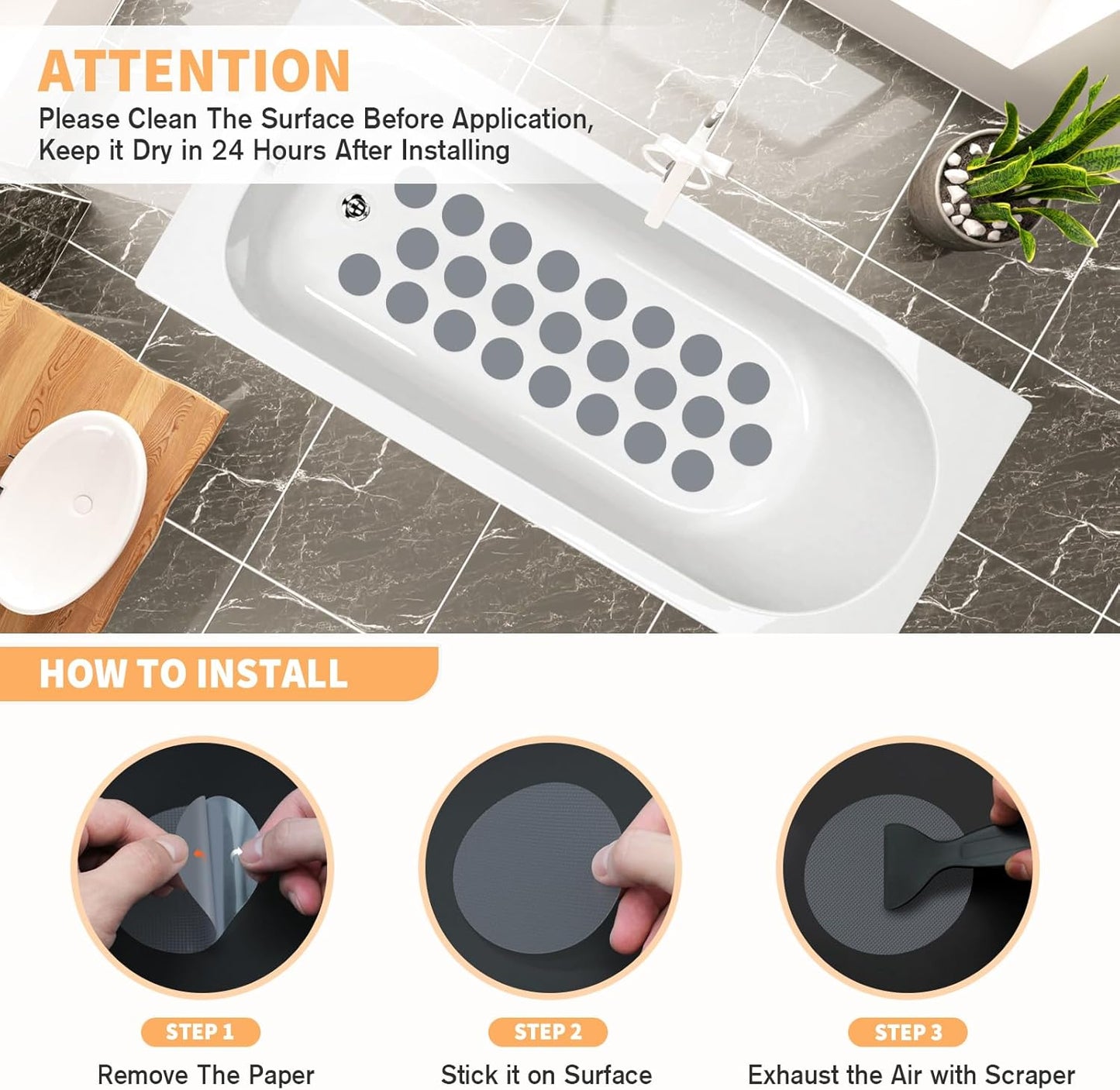 Non Slip Bathtub Stickers, 24 PCS Shower Stickers for Safety Bathroom Tubs, Bathtub Non Slip Stickers and Adhesive Decals Scraper for Bath Tub, Shower Floor, Stairs, Ladders(Round Shape, Grey)