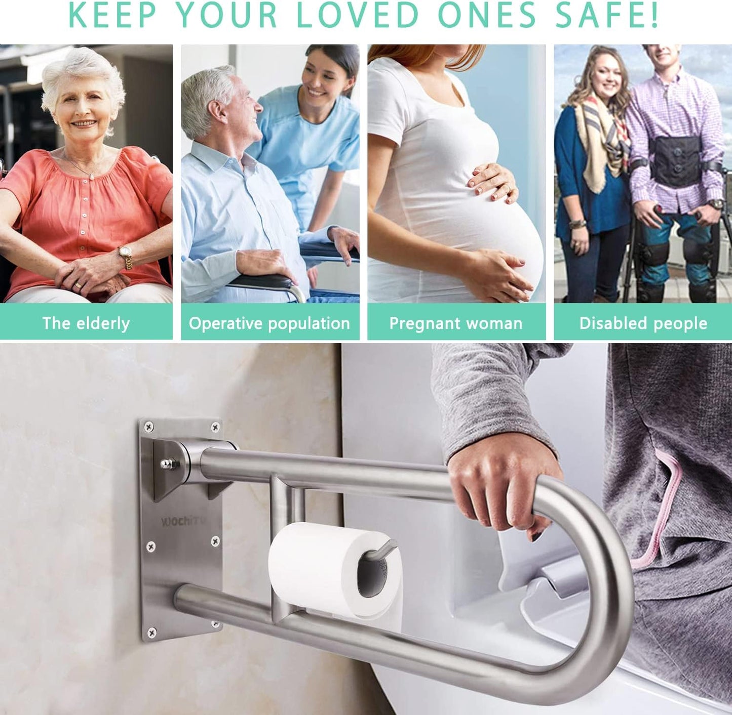 29.5 INCH Stainless Toilet Safety Rails,Disabled Flip-Up Bathroom Grab Bar with Paper Holder,Toilet Handrails Hand Grips Handle Shower Assist Aid, WochiTV Handicap Grab Bars for Elderly