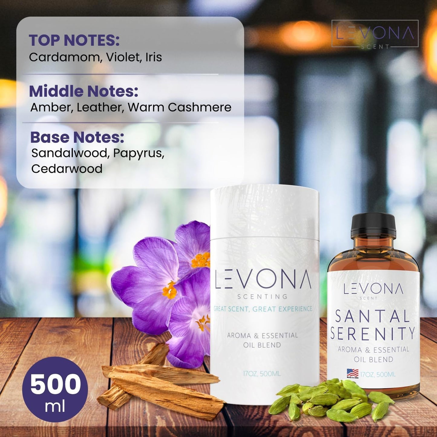 Levona Scent Santal Serenity Essential Oil: Notes of Sandalwood, Papyrus & Amber - aromatherapy oils for hotel, home and office - Fragrance oil for diffusers & Humidifiers - Home Luxury Scents -500 Ml