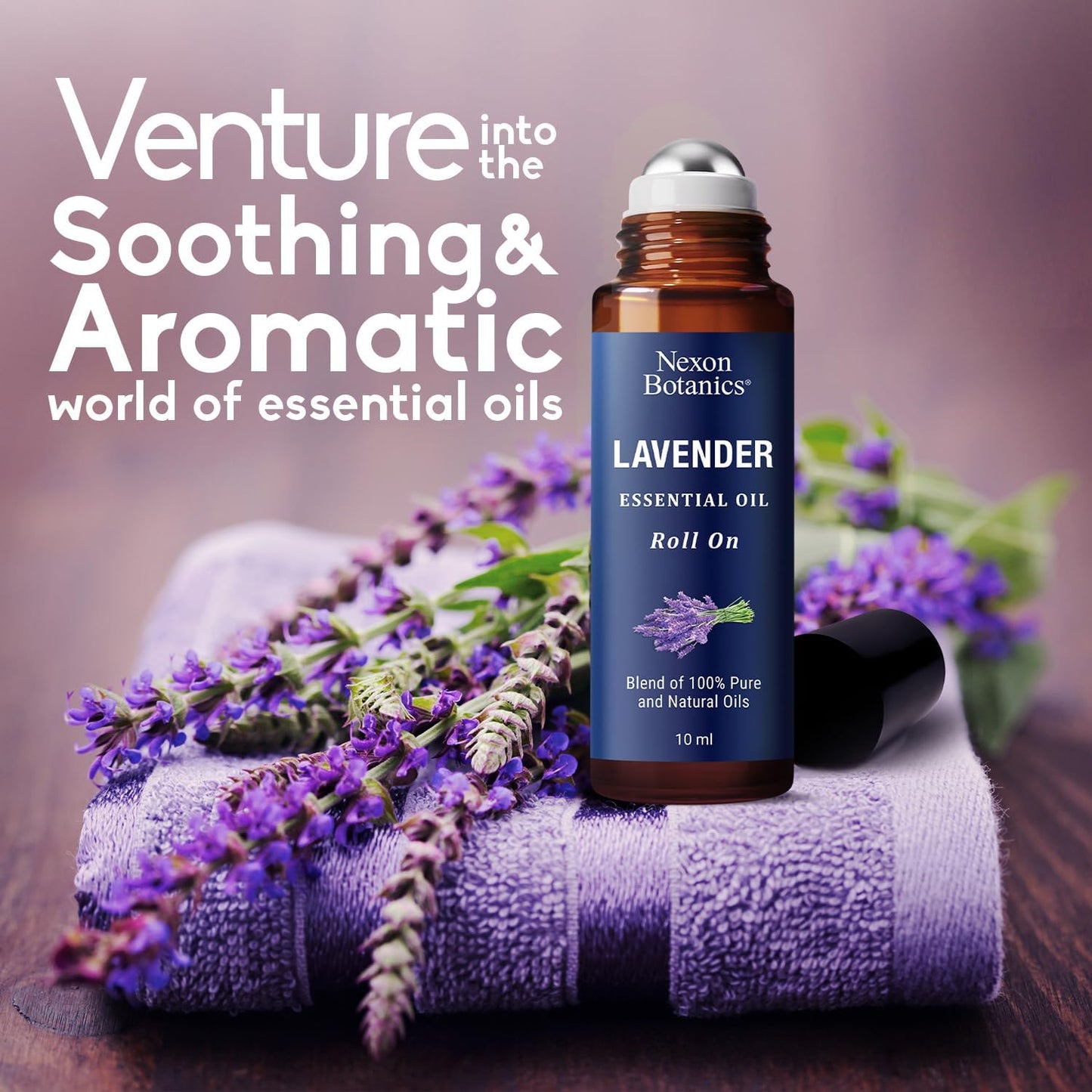 Lavender Essential Oil Roll-On 10 ml - Pure, Natural & Prediluted Oil Blend Roller for Calmness, Relaxation & Skin Care - Nexon Botanics