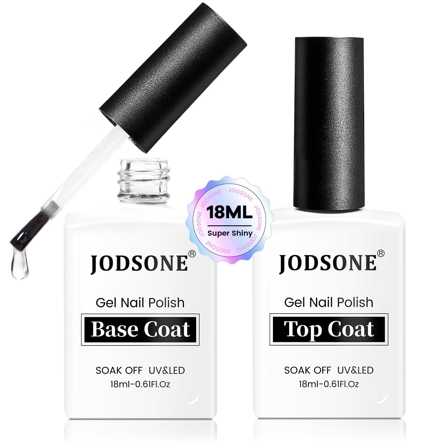 JODSONE 2 Bottles 18ml Top Coat Base Coat Gel Polish Set Compatible for Nail Salon Bright Surface, Girl Gift and At Home DIY Need U V Lamp Curing