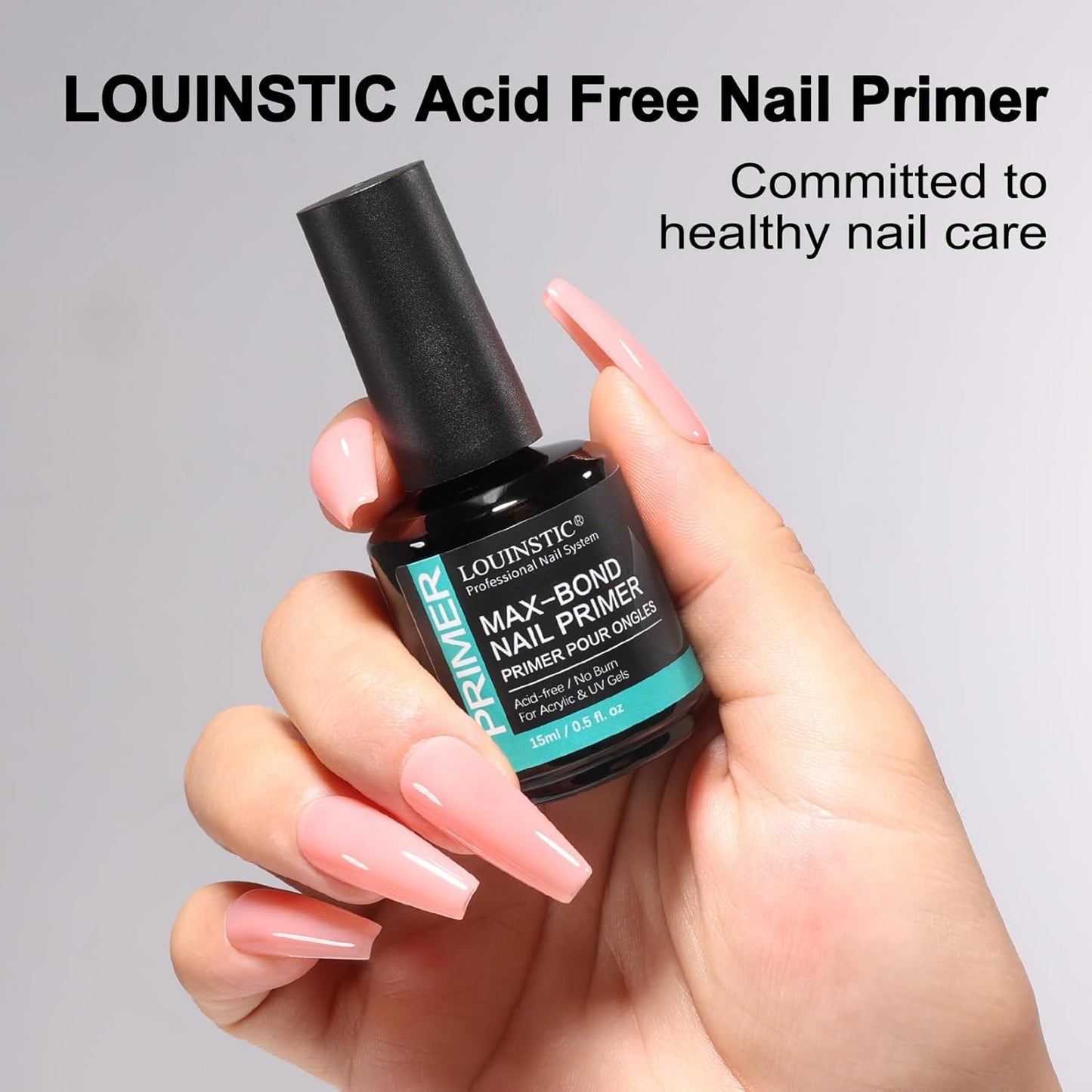LOUINSTIC Acid-Free Nail Primer 15ml - Hema-Free Nail Prep for UV Gel, Builder Gel, Gel Polish & Acrylic Nails - No-Burn & No-Lift - Quick Air Dry, Low-Odor, Low-Irritant, Salon & Home Use