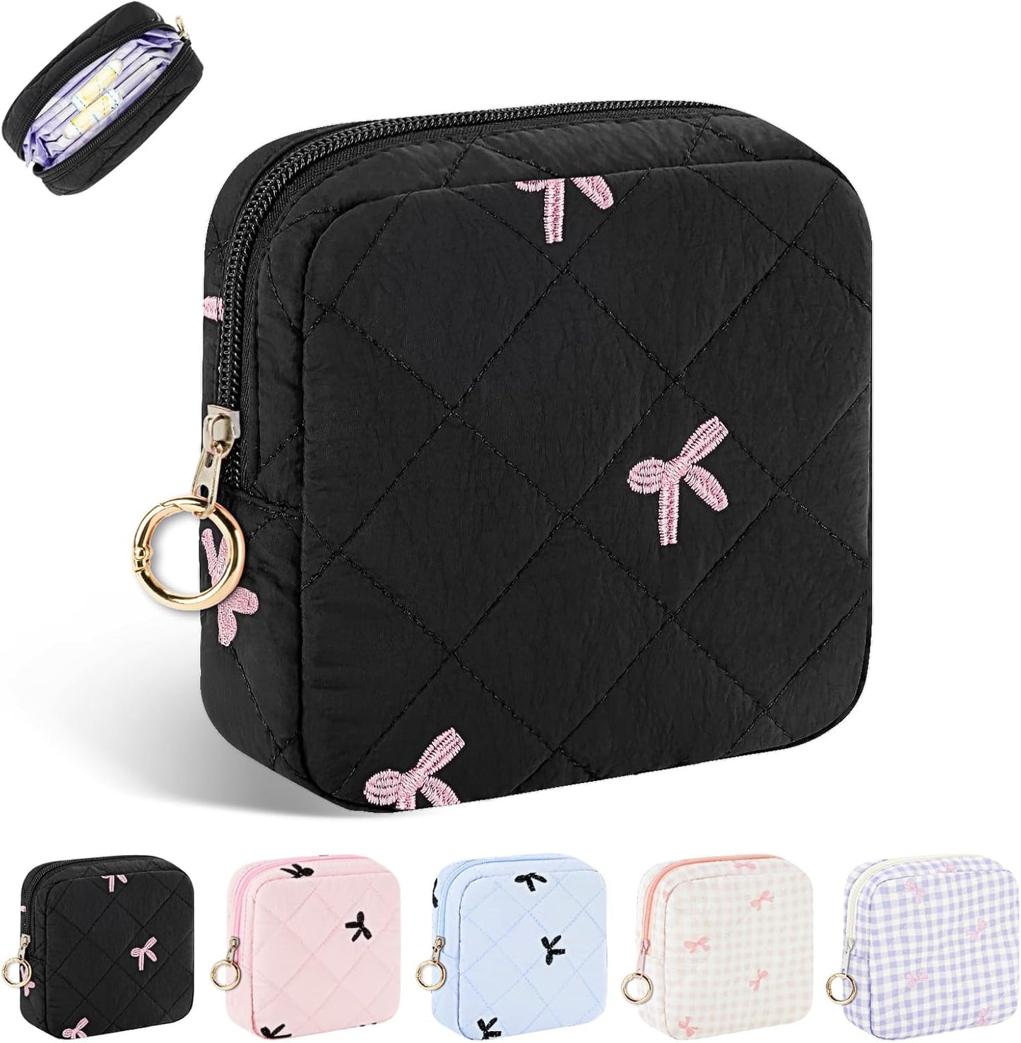 Period Bag for Teen Girls, Quilted Sanitary Napkin Storage Bag, Cute Bow Tie Menstrual Pad Pouch Tampon Holder (Black)