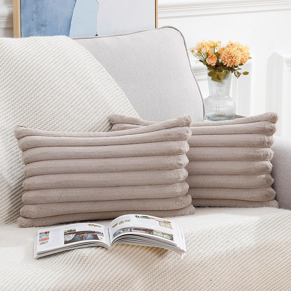 MADIZZ Set of 2 Faux Wool Plush Decorative Throw Pillow Covers 12x20 Inch Taupe Fluffy Striped Soft Decorative Cushion Cover for Sofa Bedroom Pillow Shell