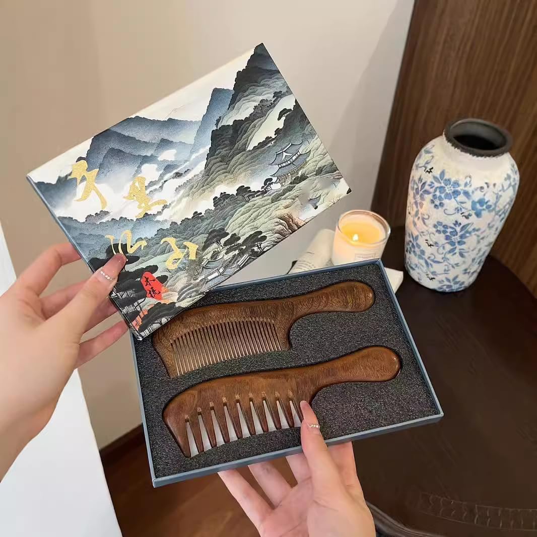 Walnut Wood Hair Comb, Wooden Comb with Handle, Walnut Wood Hair Comb, Natural Seamless Wood Comb,Walnut/Sandalwood Wide Tooth Curly Hair Comb, Anti-static Comb, for Women Men. (Long tooth comb 2PCS)