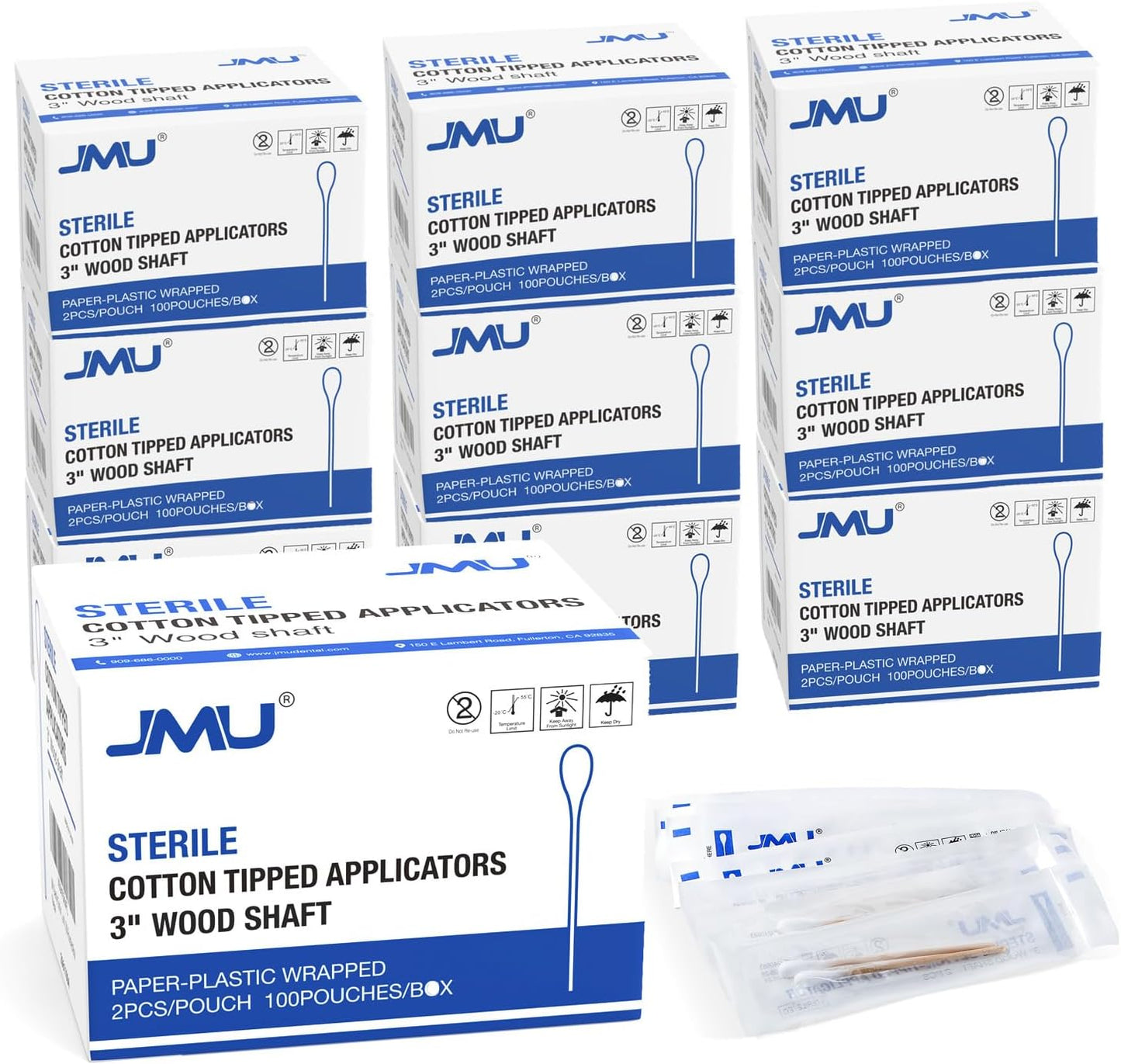 JMU Sterile Cotton Tipped Applicators, 2000 Sterile Cotton Swabs Wood Shaft Medical (10 Box, 3 Inch)