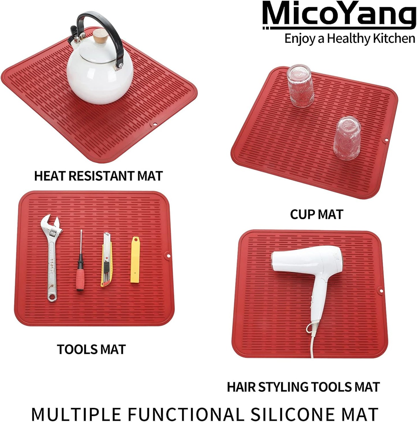 Silicone Dish Drying Mat for Multiple Usage,Easy clean,Eco-friendly,Heat-resistant Silicone Mat for Kitchen Counter or Sink,Refrigerator or Drawer Liner Red XL 18 inches x 16 inches