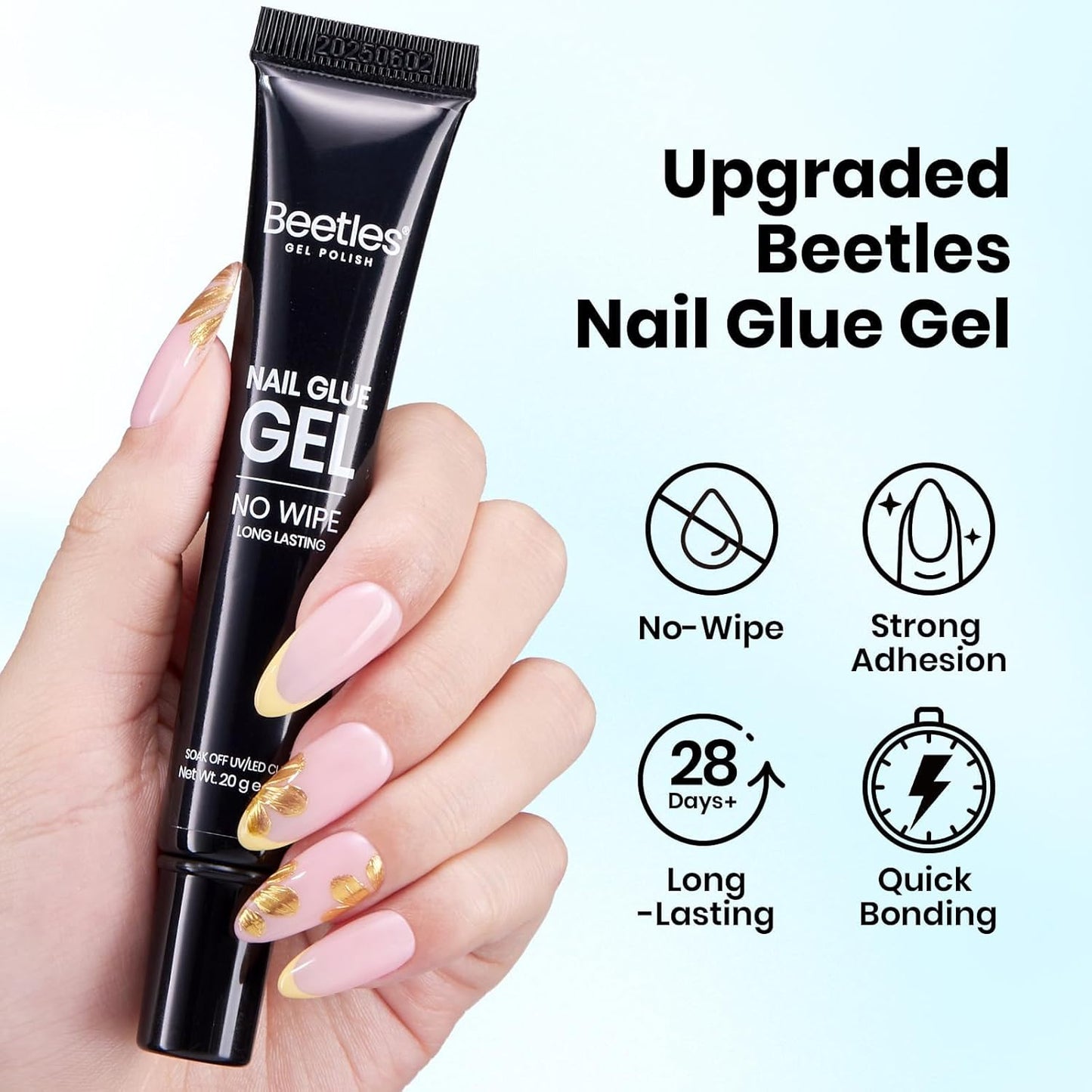 Beetles 20g Solid Nail Glue Gel - No Wipe, Hands-Free Soft Nail Tips Glue for Fake Acrylic Nails, Press On Nails, Nail Extensions, 3D Nail Art, Soak Off Nail Lamp Long-Lasting, Beginner-Friendly
