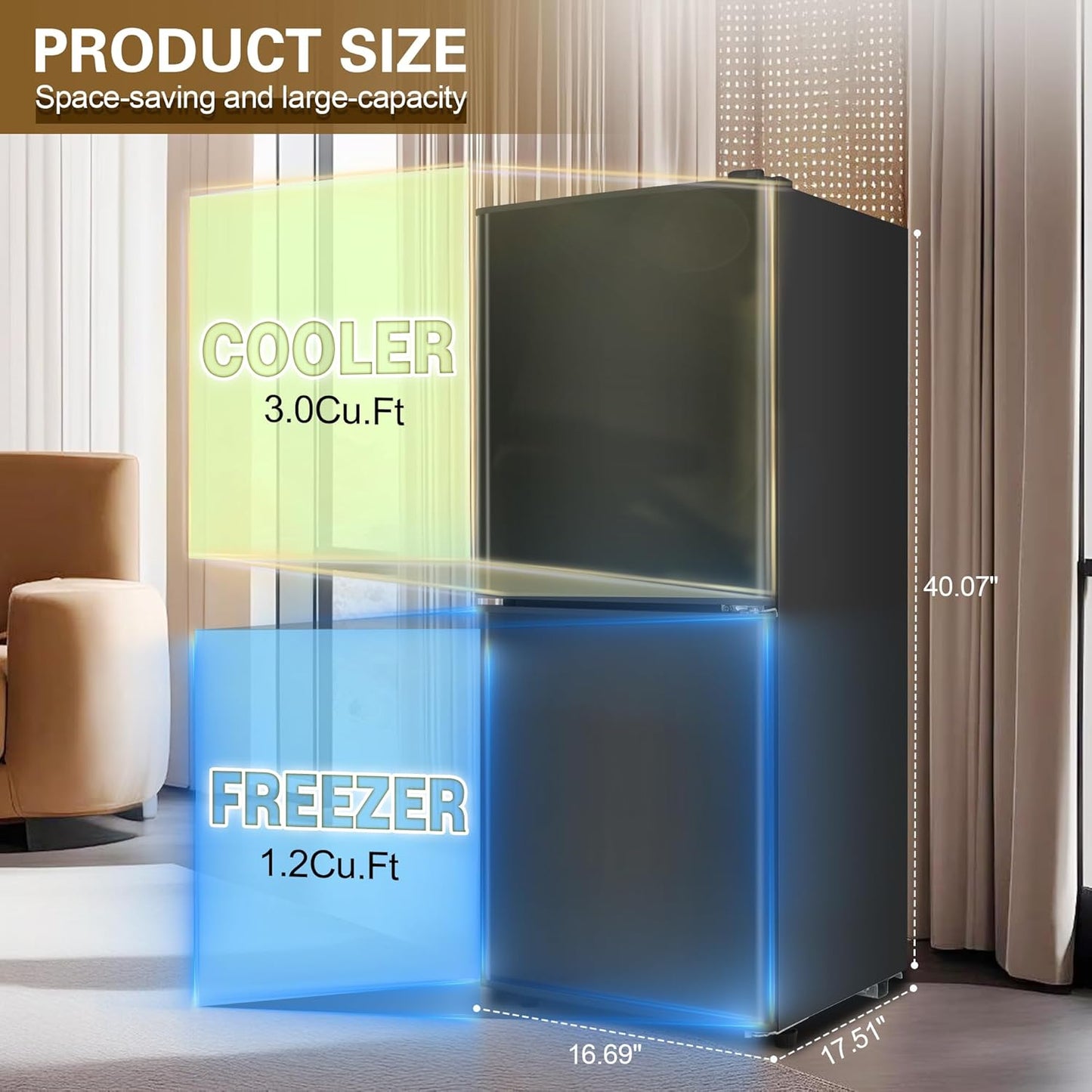 Small Refrigerator with Freezer for RV 4.2 Cu. Ft. Mini Fridge with Bottom Freezer, 7-Level Temperature Control Dorm Fridge for Kitchen, Office, Apartment, Black