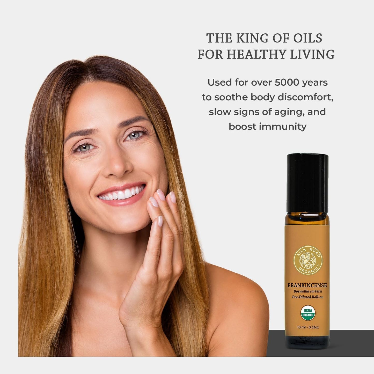 Silk Road Organic Frankincense Carterii Essential Oil Roll On, 100% Pure USDA Certified Aromatherapy for Radiant Skin, Body Aches, Stress Relief, & Calm - 10 ml Roller