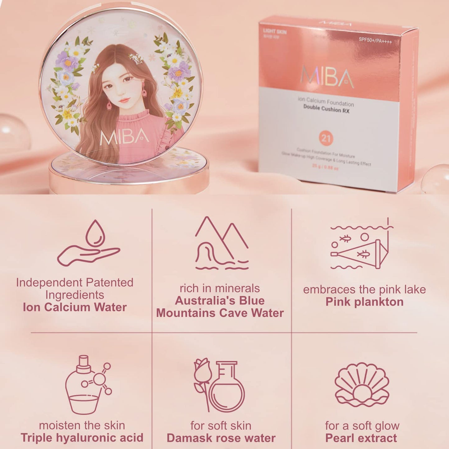 MIBA Ion Calcium Foundation Double Cushion RX 25 g / 0.88 oz Big Cushion SEASON 2 Long Lasting Effect for Dewy Skin. Skin moisturizing. Skin tightening relief. Fine coverage. Smooth adhesion (No 21)