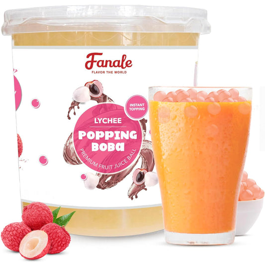 Fanale Lychee Popping Boba Pearls, Vegan, Non GMO, Gluten Free, Fat Free, Perfect for Bubble Tea, Smoothies, Ice Cream, Desserts, and Beverages.