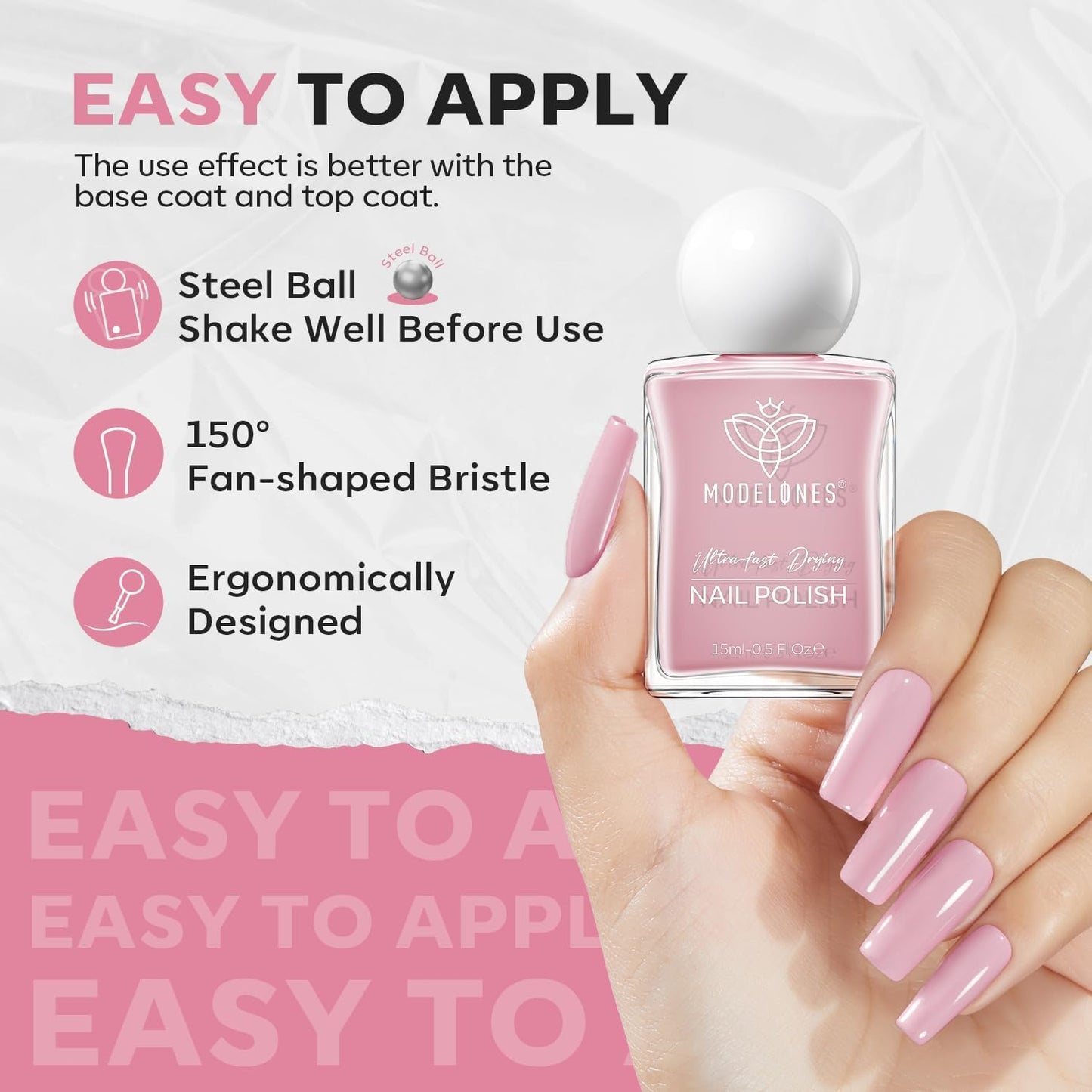 modelones Natural Pink Nail Polish, 15 ml Baby Pink Quick Dry Nail Lacquer Strengthener Long Last Shine Fingernail Toe Nail Art DIY Home Travel Manicure Gift for Women Girls 0.5 Fl Oz