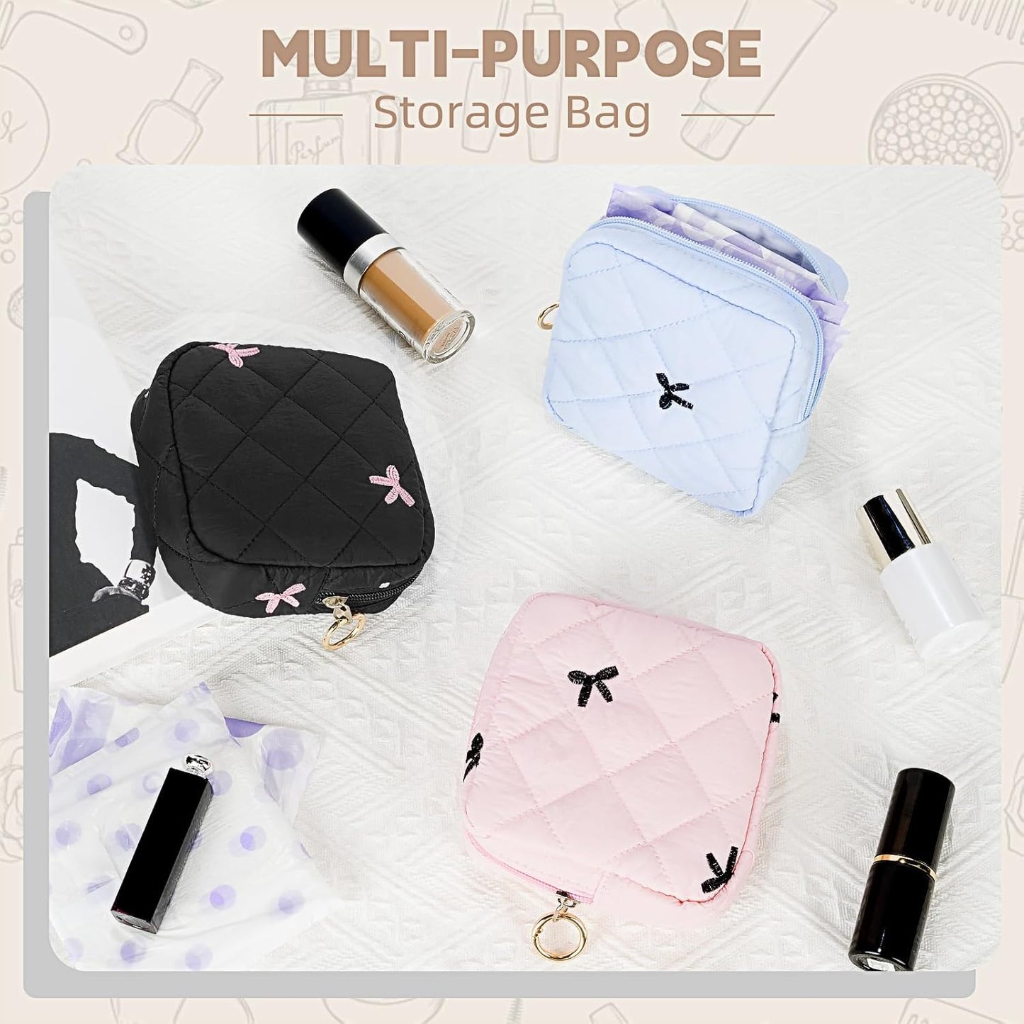 Period Bag for Teen Girls, Quilted Sanitary Napkin Storage Bag, Cute Bow Tie Menstrual Pad Pouch Tampon Holder (Black)