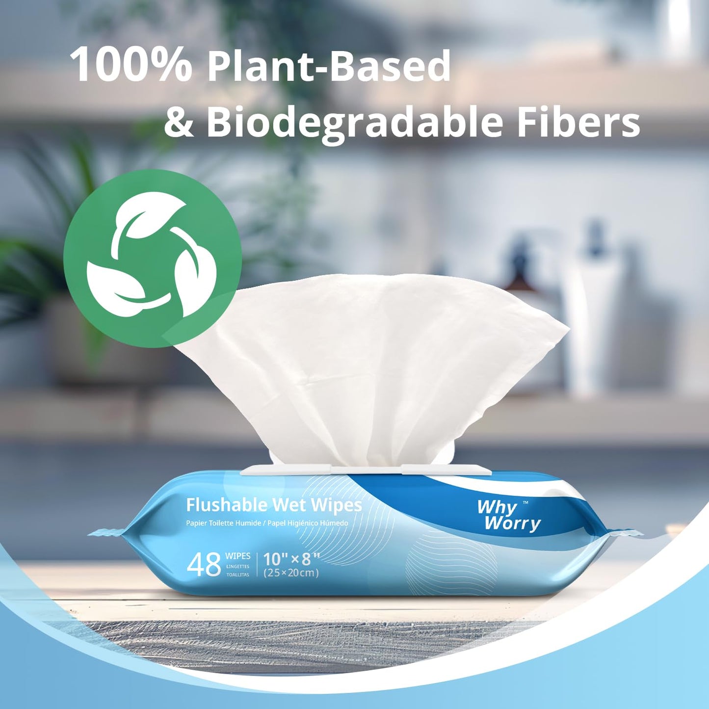 WhyWorry Flushable Wipes for Adults, Extra Large 8"x10" Butt Wipes for Toilet & Personal Cleansing, Chamomile and Vitamin E, 100% Plant-Based, Septic & Sewer Safe, Sea Incense, 144 Count (3 Packs)